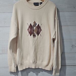 Vintage Jantzen Golf Beige Knit Sweater Men’s Size L 100% Cotton Large Embroider
